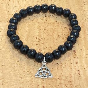Celtic knot trinity protection bracelet, handmade genuine obsidian black stone.